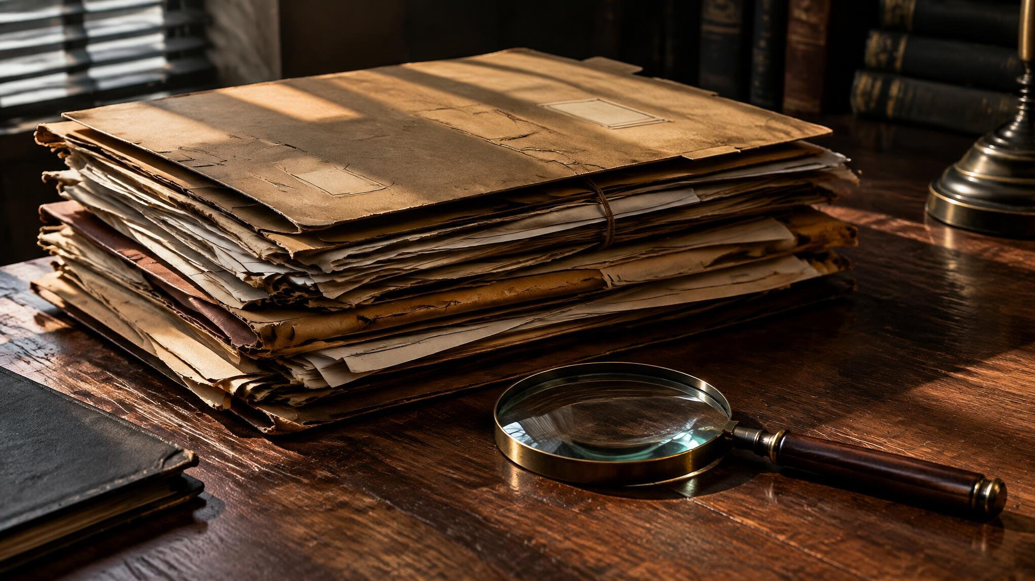 Stack of old documents and case files on a table
