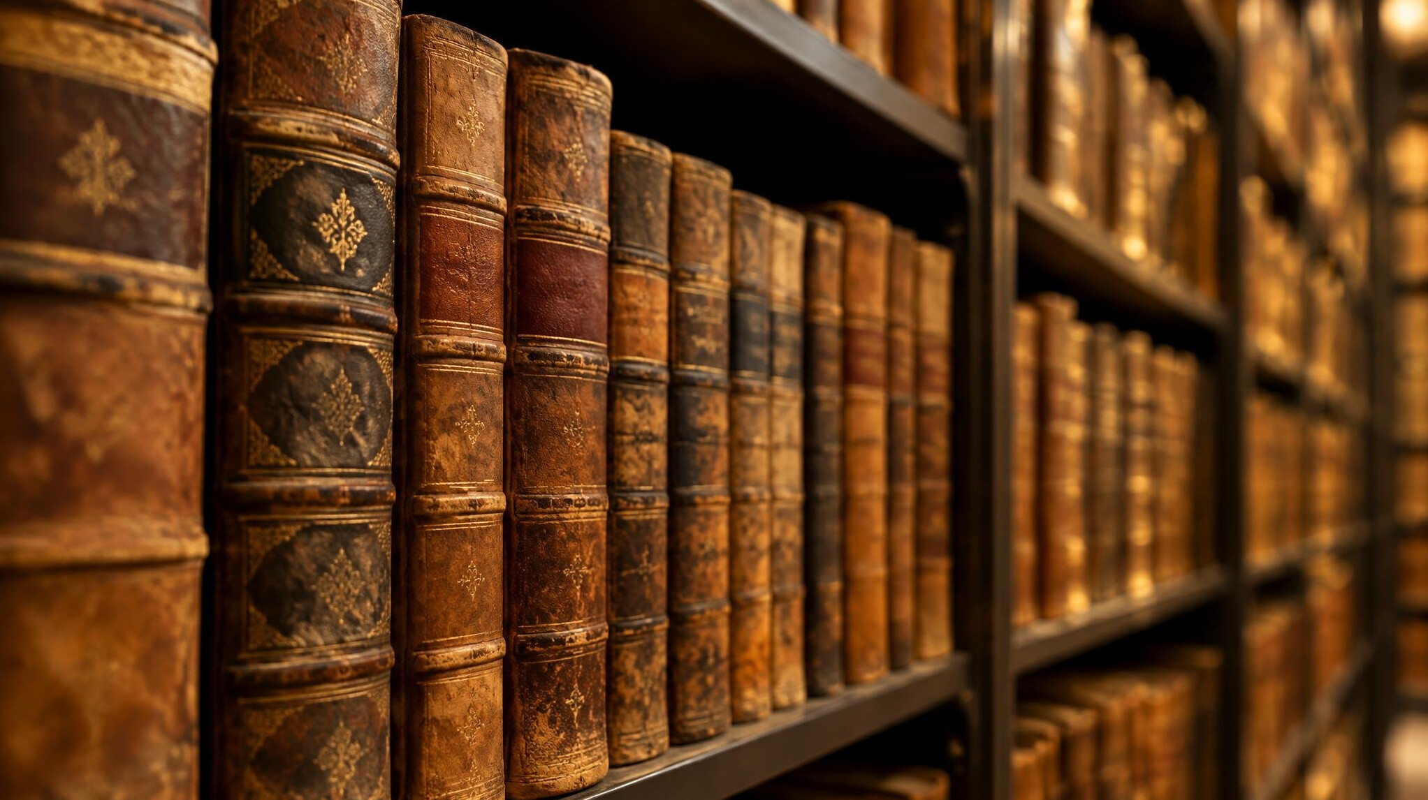 Rows of old leather-bound books in an archive
