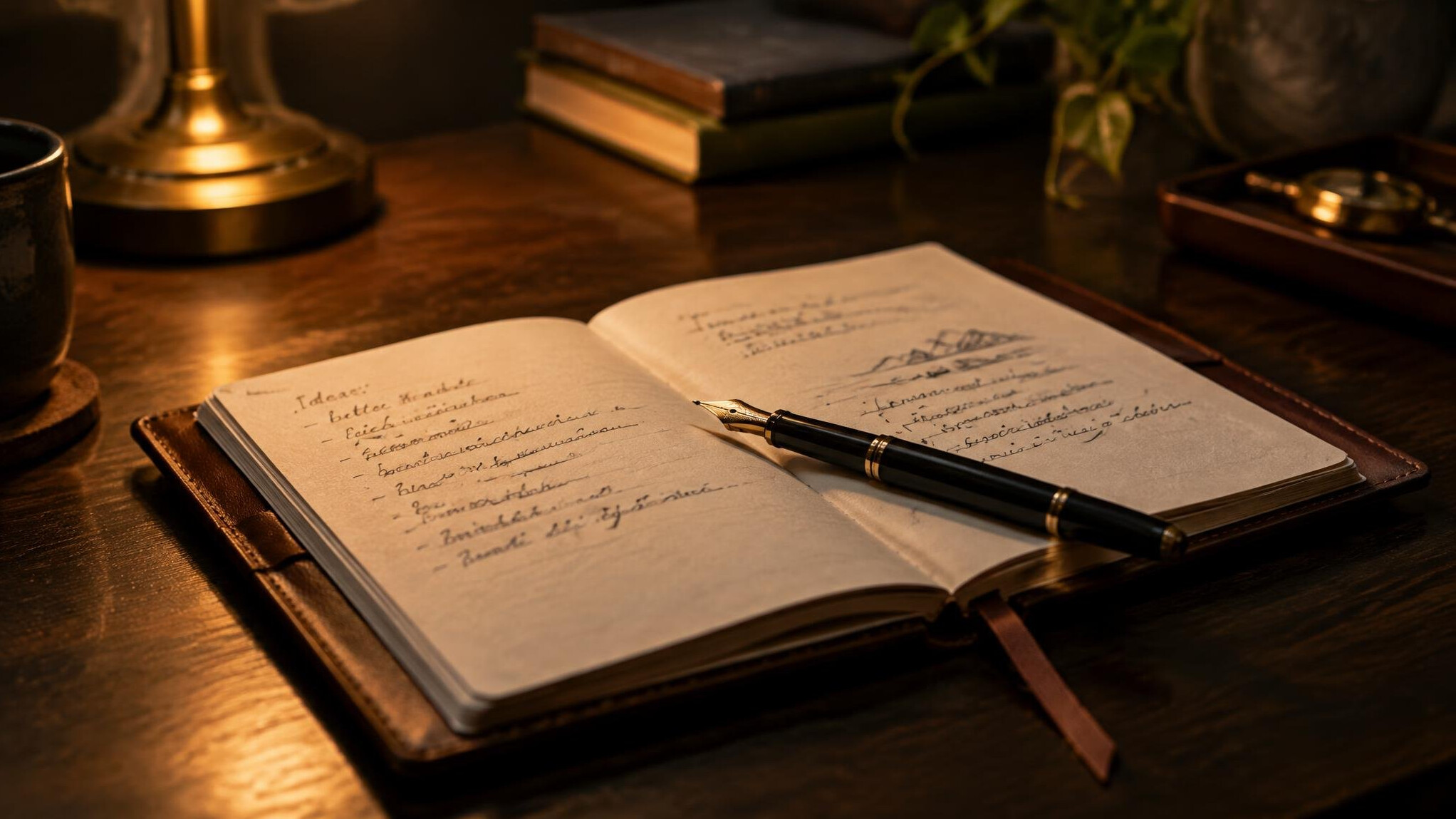 Open notebook with a pen on a dark wooden desk, warm lamp light
