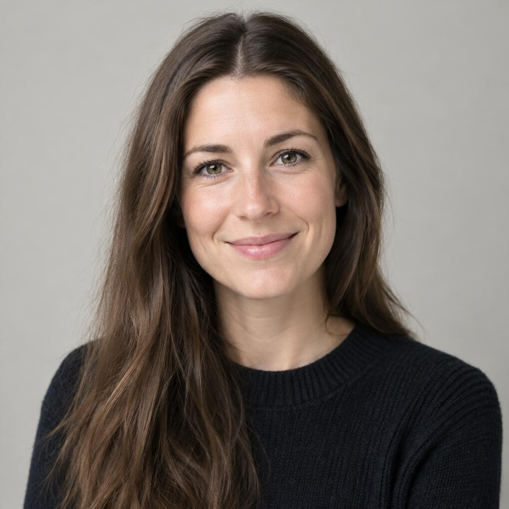 Portrait of a young woman with long brown hair smiling softly