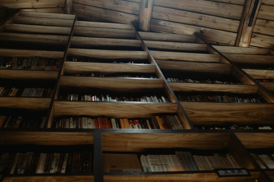 Tall wooden library shelves filled with old books